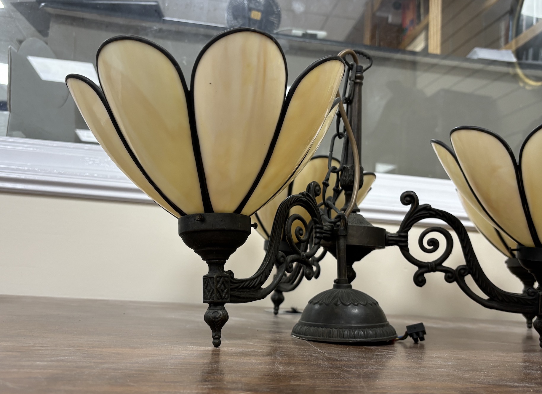 A pair of three branch chandeliers with shades, height 32cm